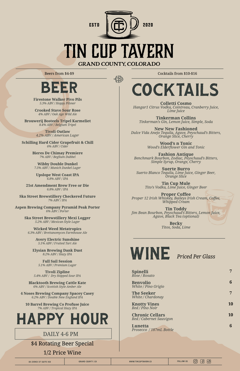 Tin Cup Tavern Drink Menu